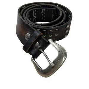 BKE Buckle Embroidered Brown Leather Studded Belt w/ Buckle Laser Cut Outs sz L